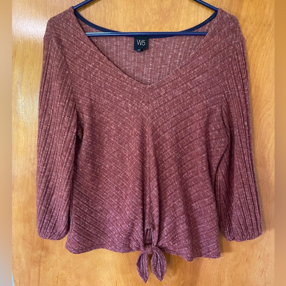 W5 Rust Ribbed Tie Front Blouse